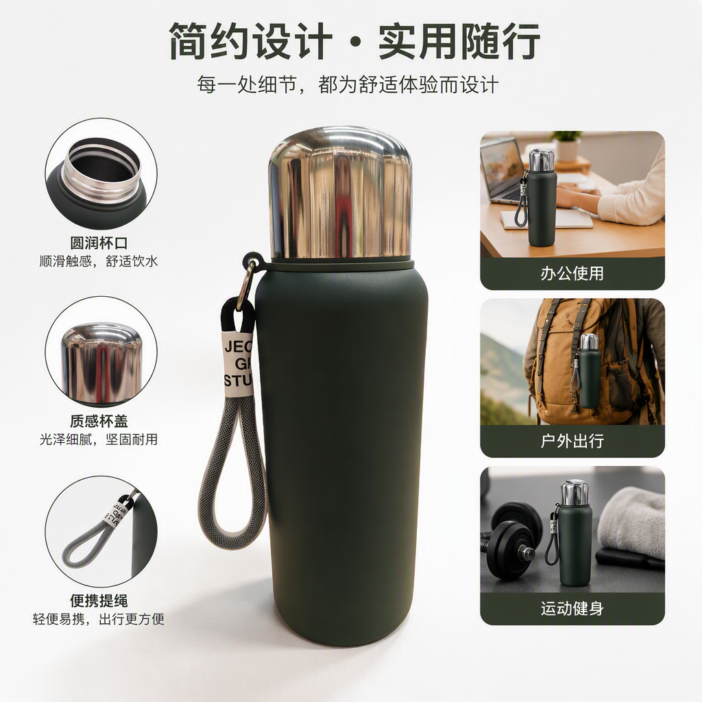 Stainless steel large-capacity insulated cup, fashionable dark green portable student business warm water cup gift
