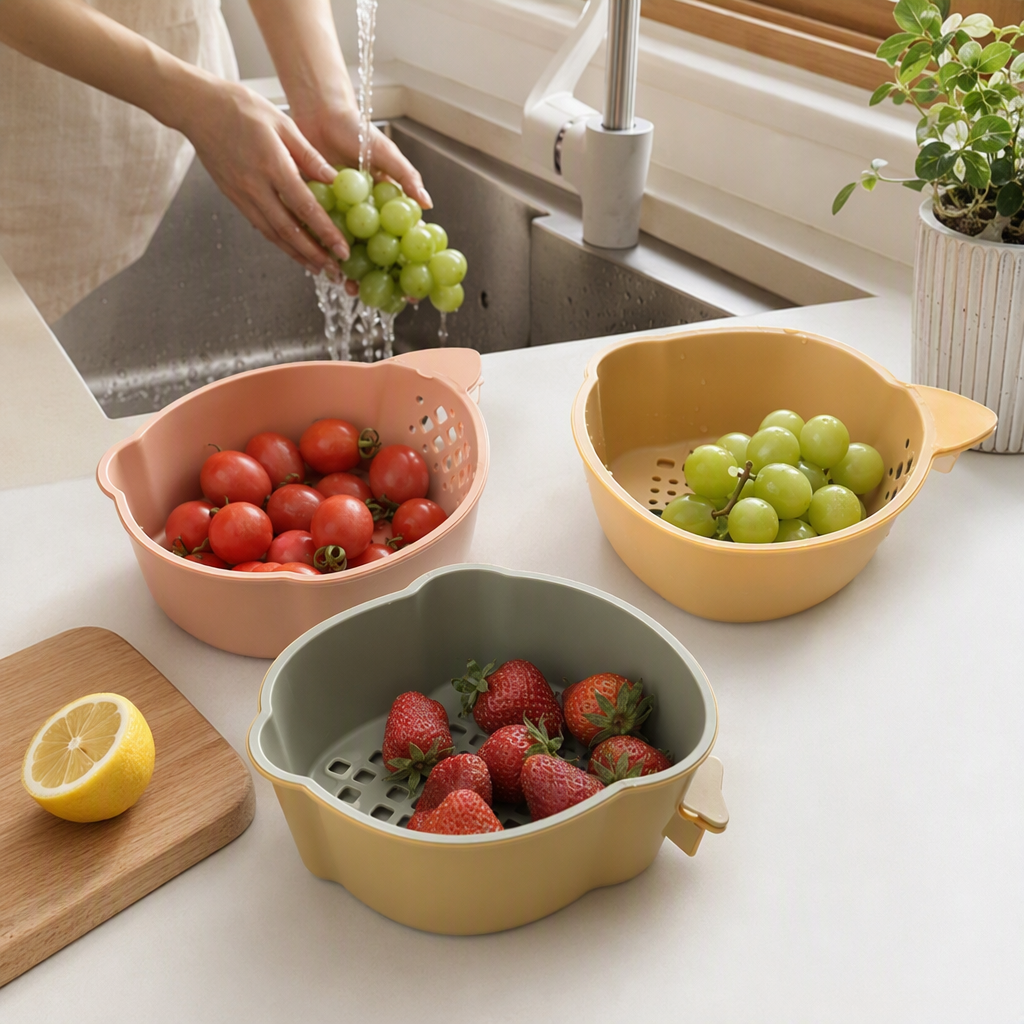 Colorful fruit-shaped draining basket for kitchen fruit and vegetable storage, dry and wet separation, multi-purpose storage basket with hooks details Picture