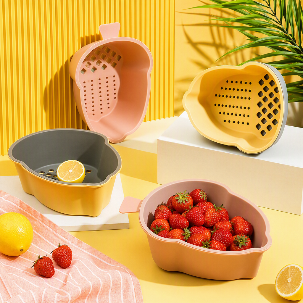 Colorful fruit-shaped draining basket for kitchen fruit and vegetable storage, dry and wet separation, multi-purpose storage basket with hooks Specification image