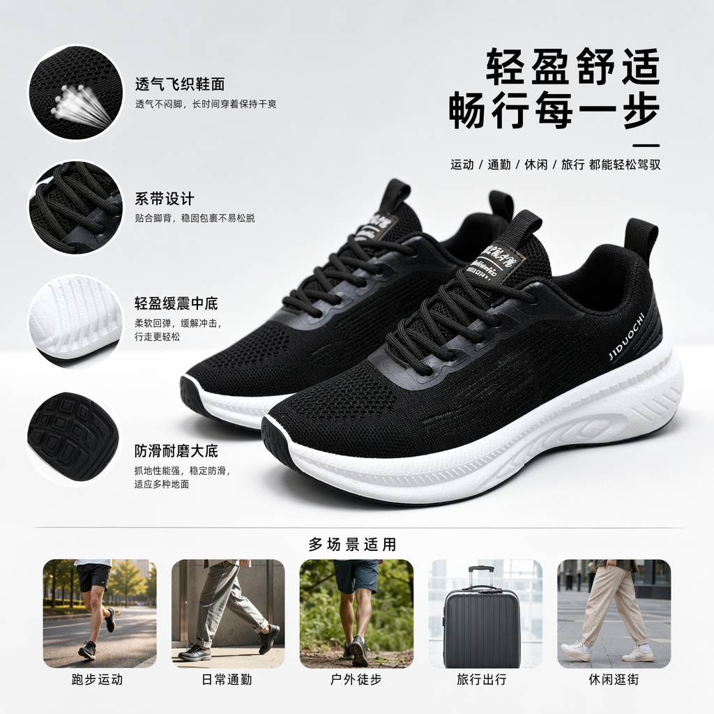 时尚休闲黑色跑步鞋男女透气轻便运动鞋潮流百搭运动款