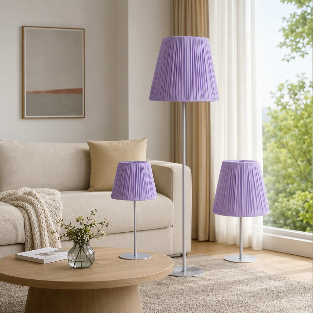 Creative purple pleated lampshade table lamp for warm bedroom and study decoration, simple and modern lighting fixtures details Picture
