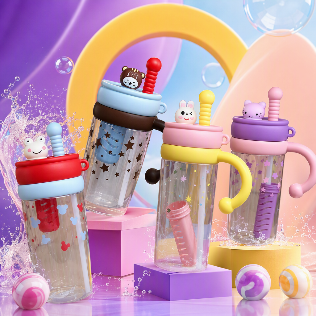 Creative colorful cartoon water cup, portable leak-proof water cup with straw, cute student water cup gift Specification image