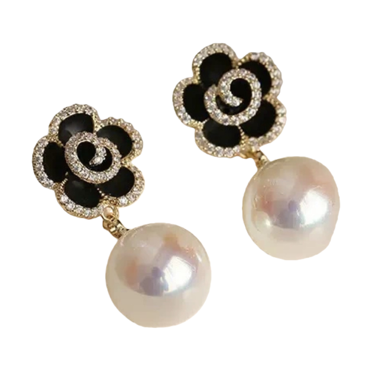 Pendientes de perlas de flores negras elegante temperamento retro moda orejeras mujeres estilo japonés estilo coreano simple y versátil regalo regalo Item Picture