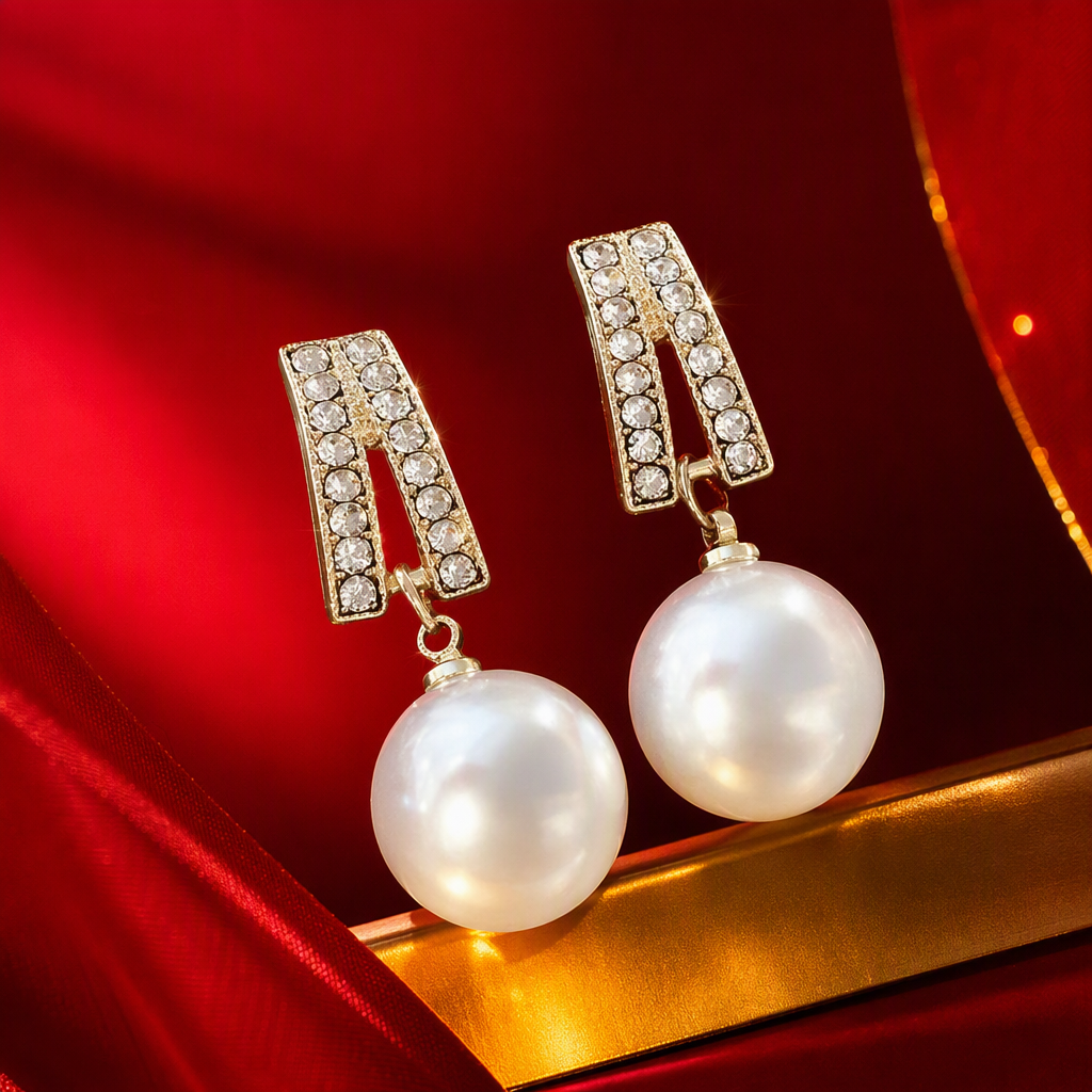 Moda oro con diamantes rectángulo clip de oreja con colgante de perla blanca elegante temperamento earwear lady earwear Specification image
