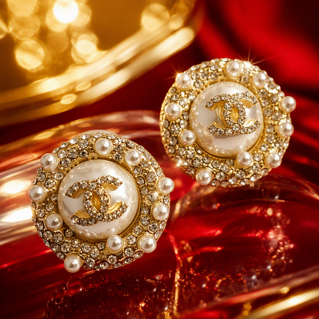 Pendientes de oro con diamantes y perlas fondo blanco camelia elegante temperamento orejeras mujer moda estilo simple Specification image