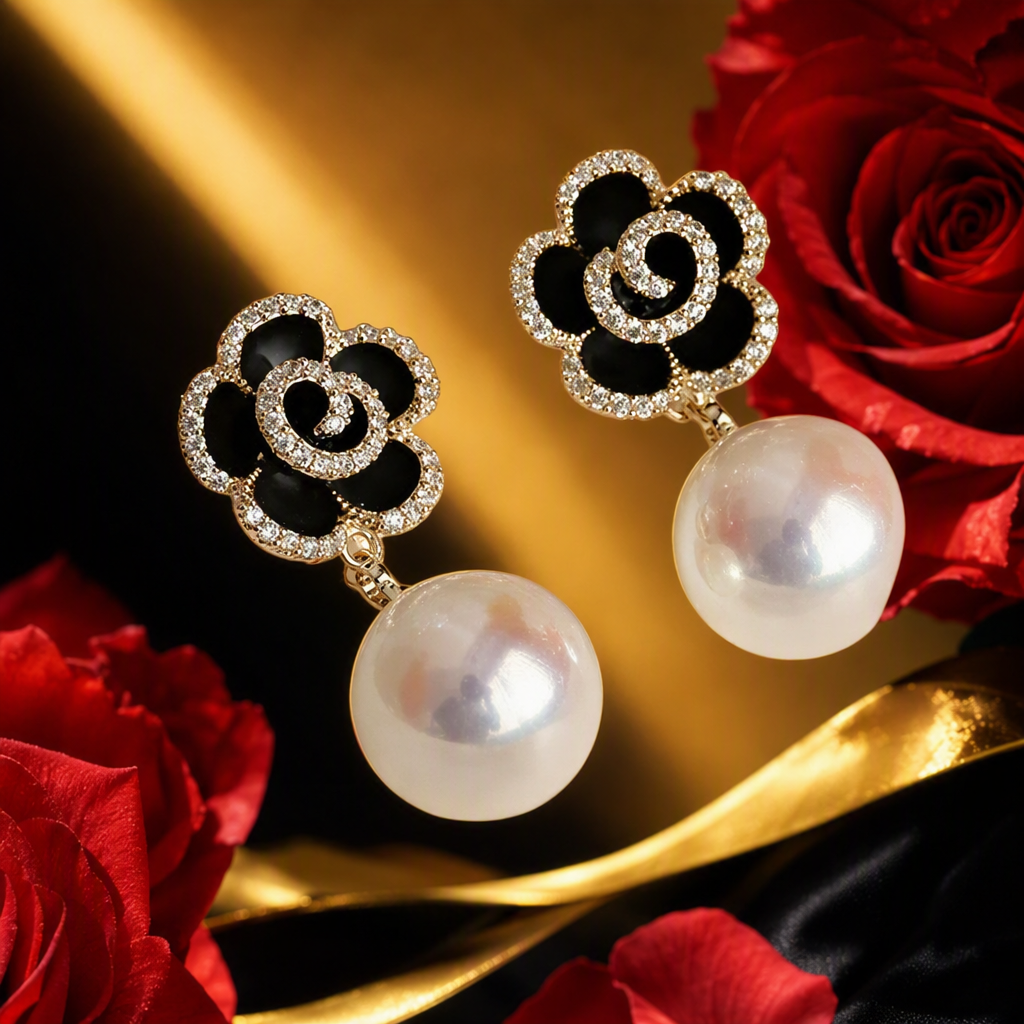Pendientes de perlas de flores negras elegante temperamento retro moda orejeras mujeres estilo japonés estilo coreano simple y versátil regalo regalo Specification image