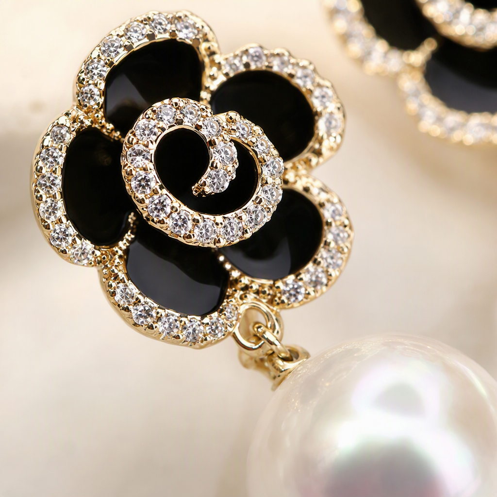Pendientes de perlas de flores negras elegante temperamento retro moda orejeras mujeres estilo japonés estilo coreano simple y versátil regalo regalo Application Scenario