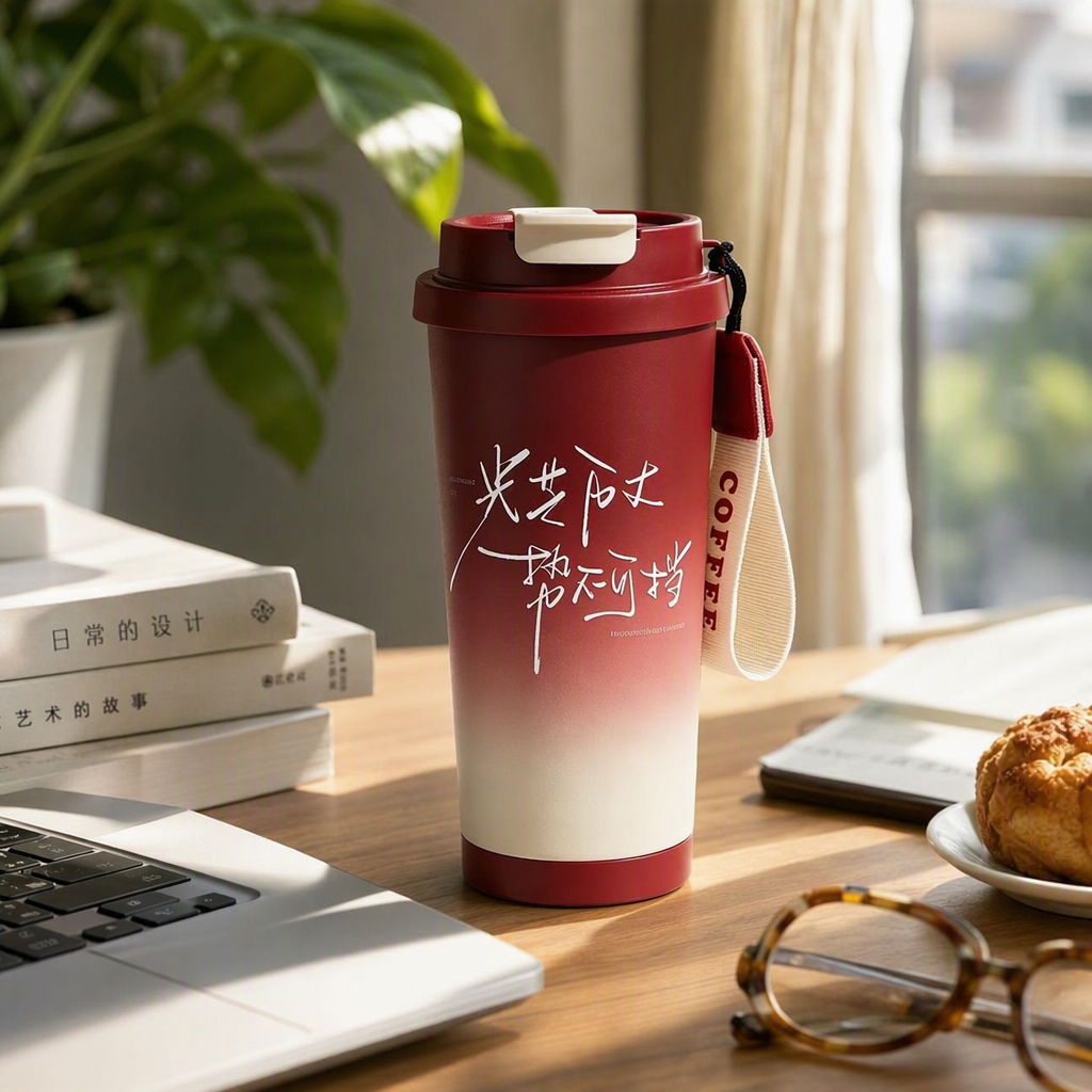 The red gradient insulated cup with white calligraphy characters shines brightly and is unstoppable. The white lid and hanging rope make it a fashionable and portable COFFEE style insulated cup details Picture