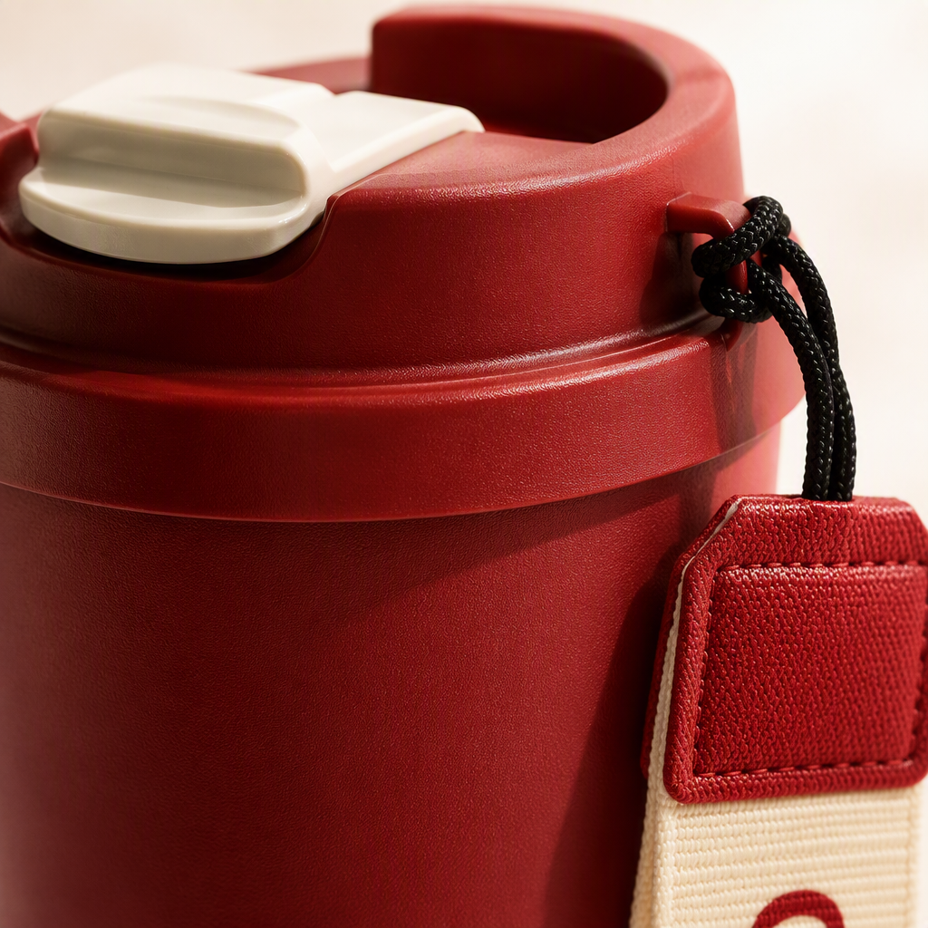 The red gradient insulated cup with white calligraphy characters shines brightly and is unstoppable. The white lid and hanging rope make it a fashionable and portable COFFEE style insulated cup Application Scenario