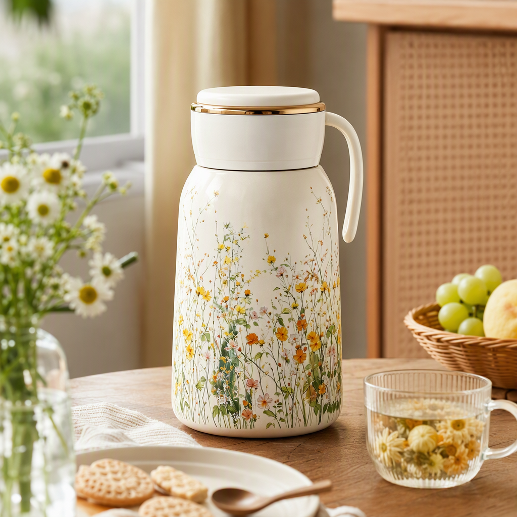 Arroz blanco floral patrón tazas aislantes acero inoxidable mantener frío portátil tazas de té estudiantes hombres y mujeres details Picture