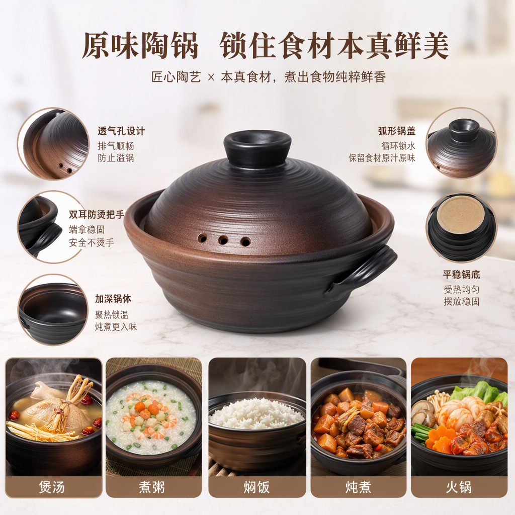 Multi-functional heat-resistant ceramic clay pot, stewing soup pot, soup pot, household kitchen stewing pot, clay pot, pottery tableware
