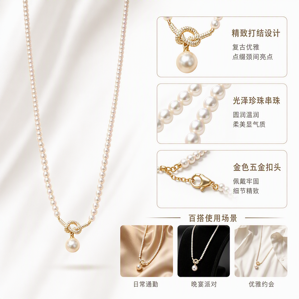 白色珍珠项链金色绳结吊坠大珍珠简约优雅女士饰品礼物赠品