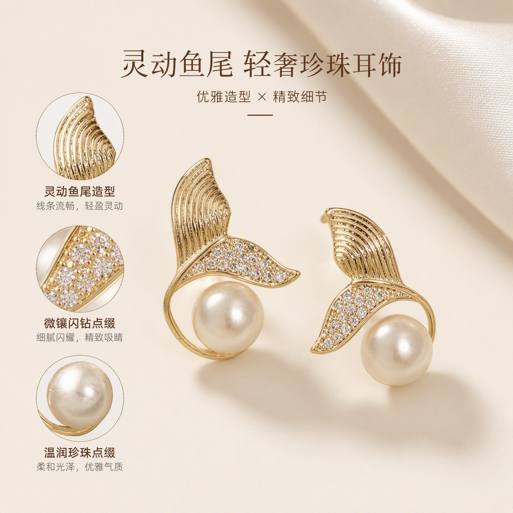 Oro cola de pescado forma de perlas aretes simple elegante temperamento orejeras mujer japonés estilo coreano moda varios colgantes