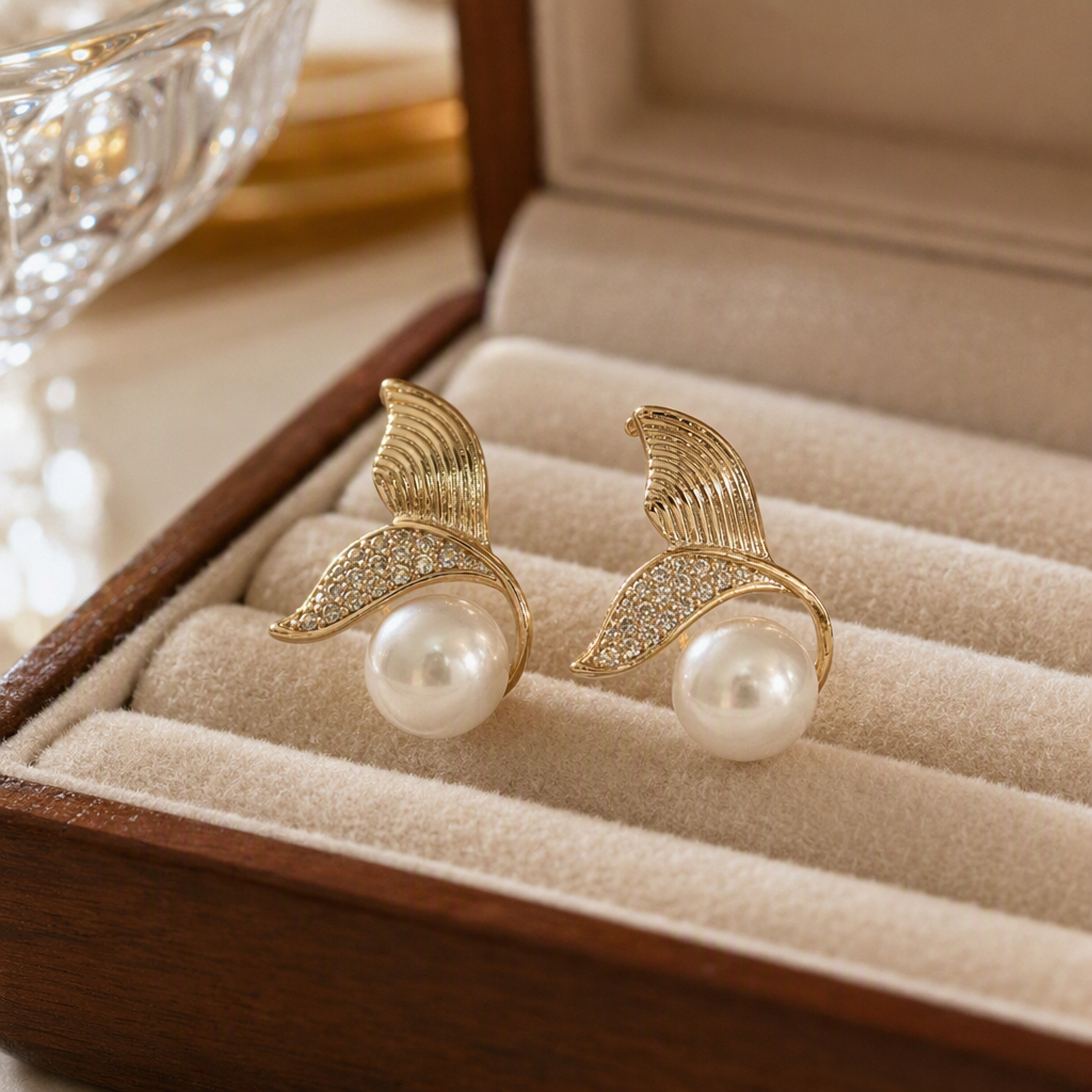 Oro cola de pescado forma de perlas aretes simple elegante temperamento orejeras mujer japonés estilo coreano moda varios colgantes details Picture