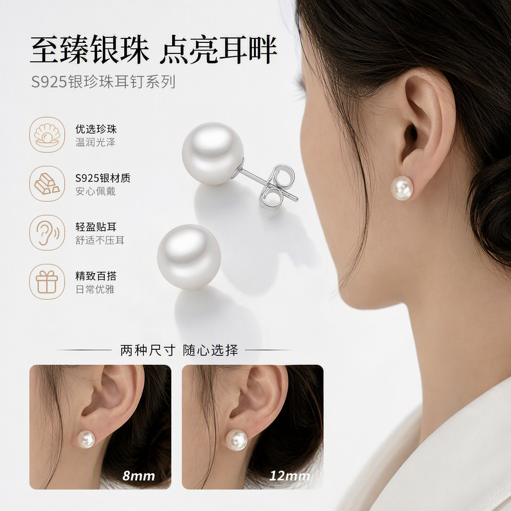 优雅白色珍珠耳钉女士耳饰左右不同尺寸简约气质耳坠耳环配饰