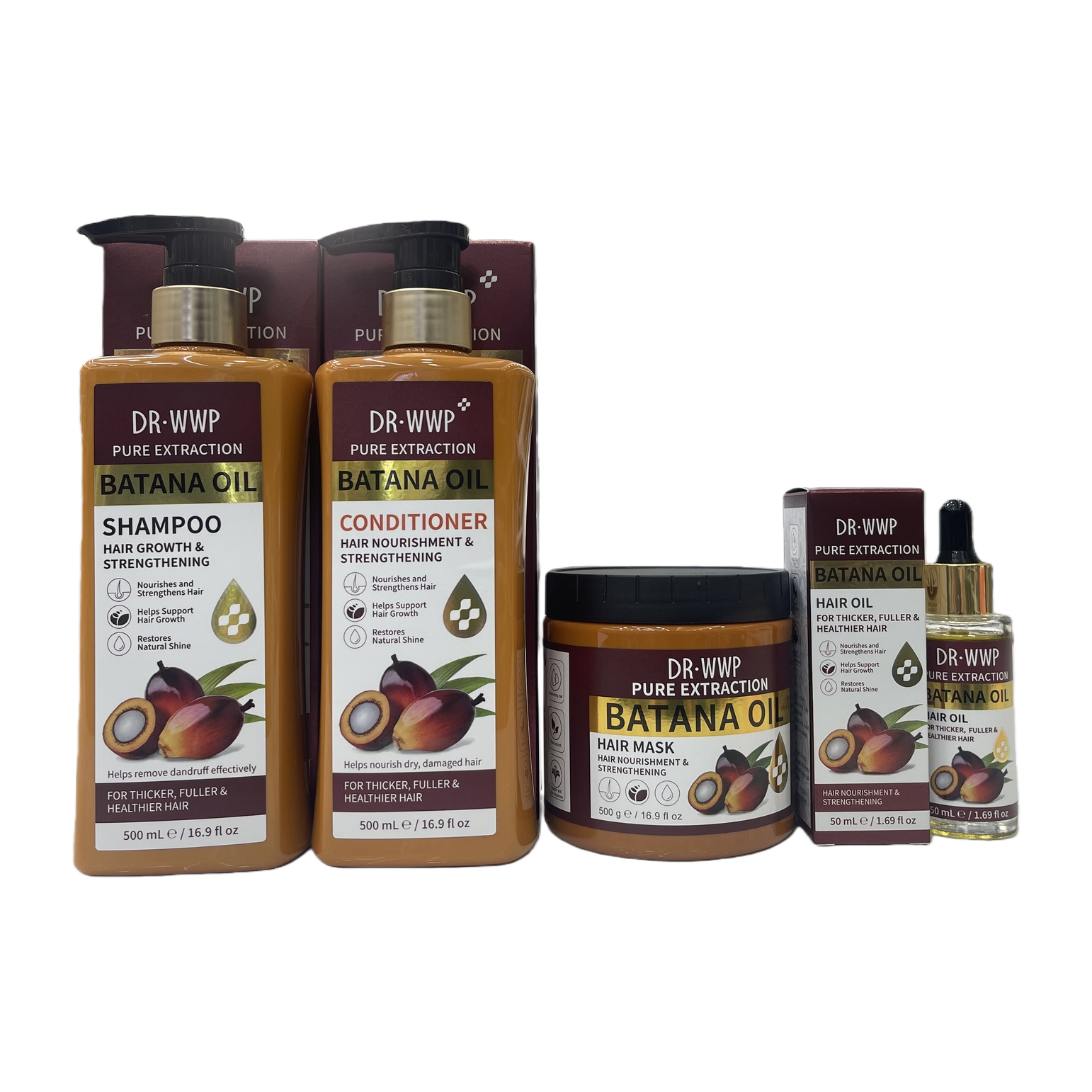 The brown bottled hair care set contains shampoo, conditioner, hair mask and essential oil. It is displayed on a white countertop shelf with a store sign Item Picture