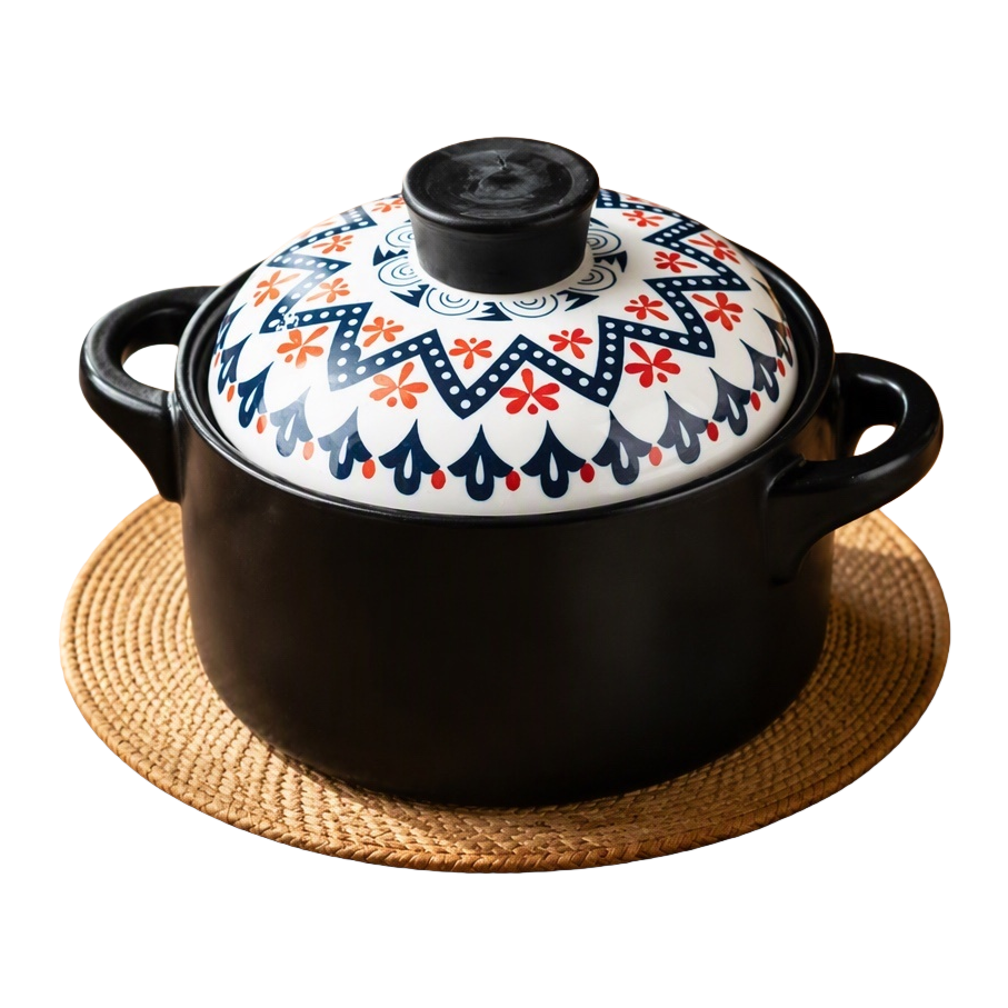 Black ceramic stew pot with blue and red patterned lid, heat-resistant soup and meat stewing multi-functional kitchenware Item Picture