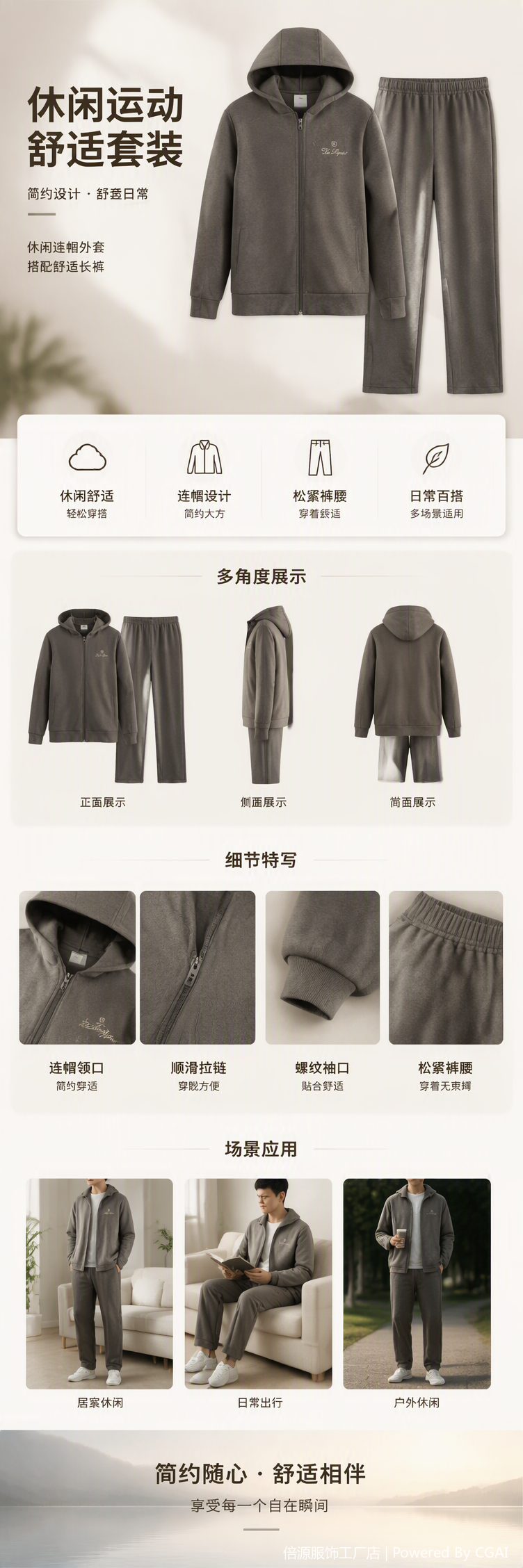 时尚休闲灰色条纹连帽套装男女运动卫衣裤两件套宽松舒适潮流款详情1