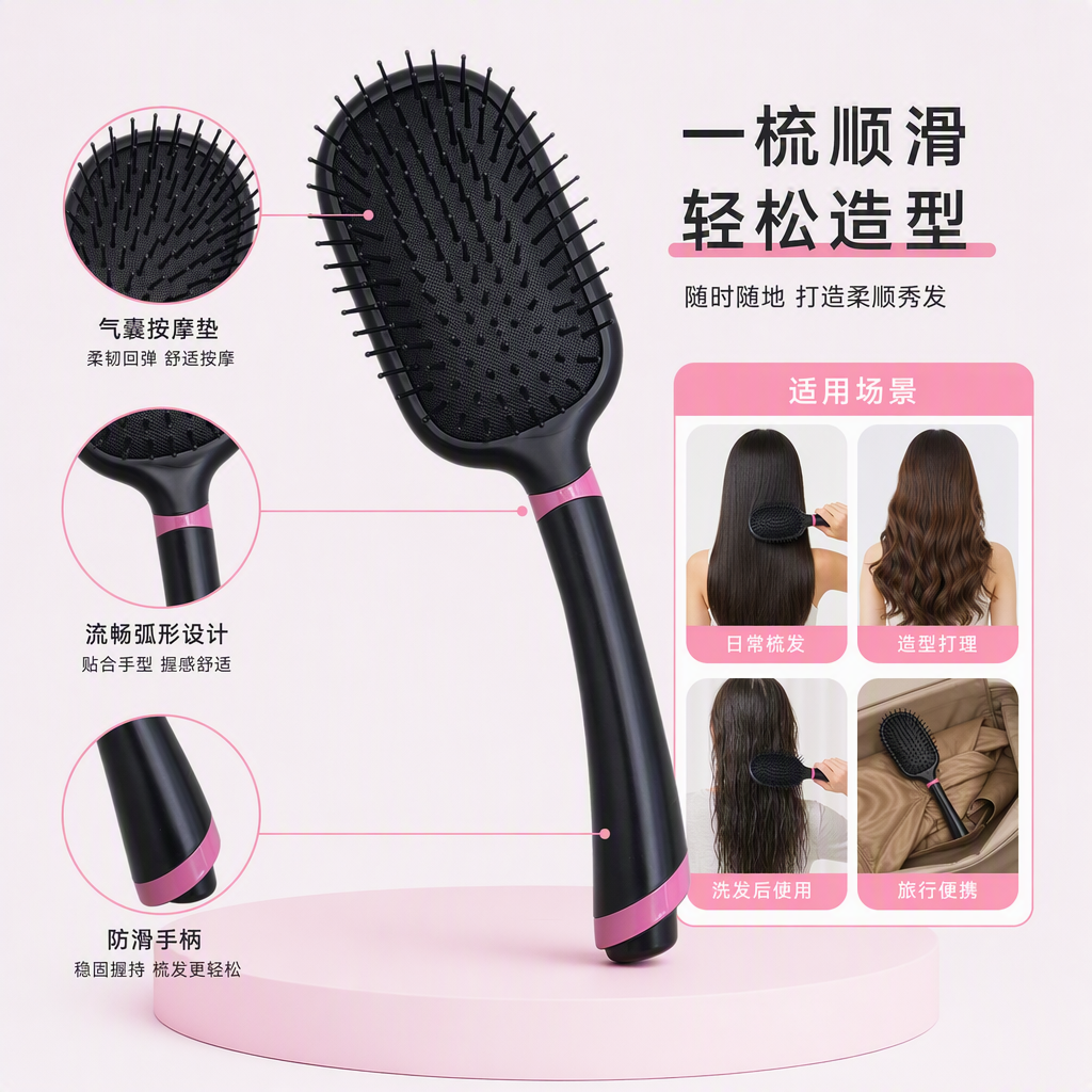 时尚黑色粉色装饰梳子柔顺发型美容梳发梳美发工具