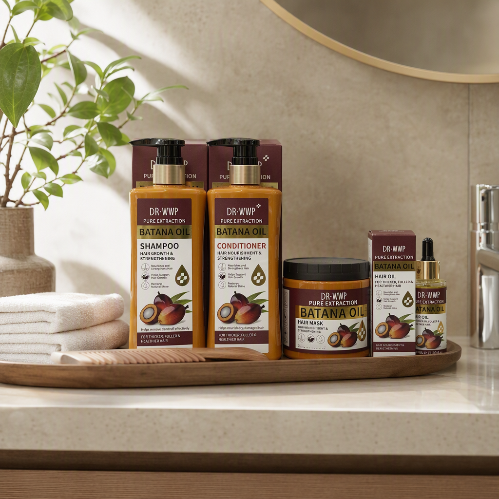 The brown bottled hair care set contains shampoo, conditioner, hair mask and essential oil. It is displayed on a white countertop shelf with a store sign details Picture