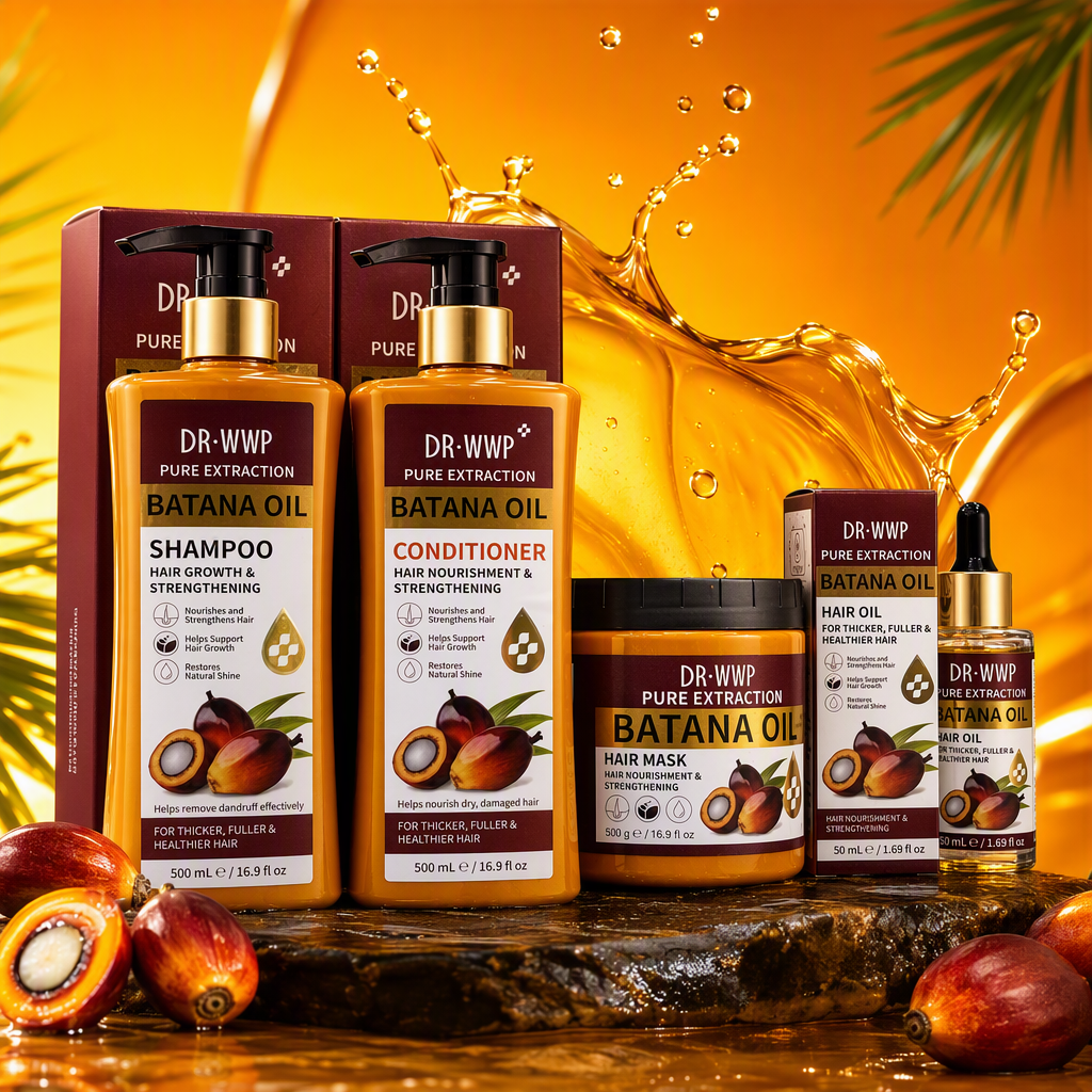 The brown bottled hair care set contains shampoo, conditioner, hair mask and essential oil. It is displayed on a white countertop shelf with a store sign Specification image