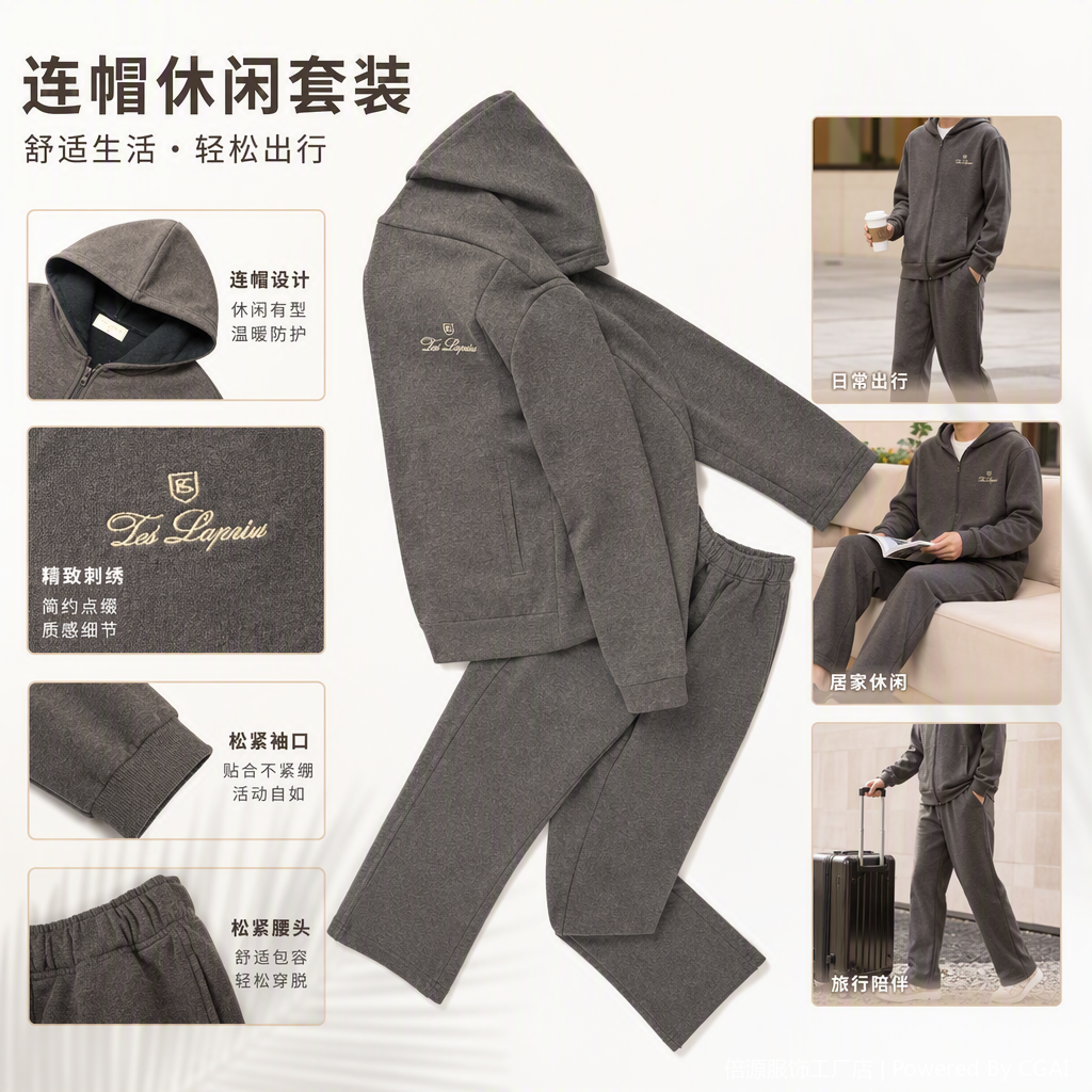 时尚休闲灰色条纹连帽套装男女运动卫衣裤两件套宽松舒适潮流款详情2