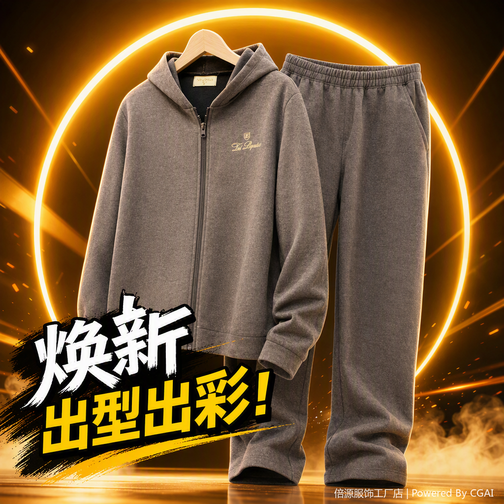 时尚休闲灰色条纹连帽套装男女运动卫衣裤两件套宽松舒适潮流款详情4