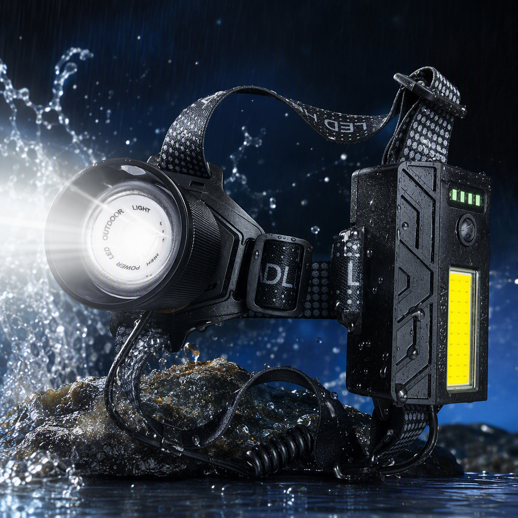 New dual-source high-brightness long-range waterproof headlamp, outdoor sports, night running, cycling, work lighting, portable headlamp, electric display, rechargeable and zoom headlamp