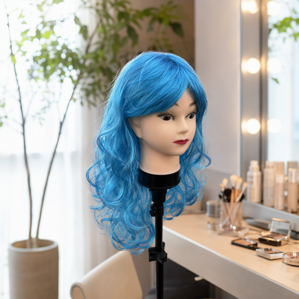 Professional blue wig head model display model hairstyle styling practice model demonstration props details Picture