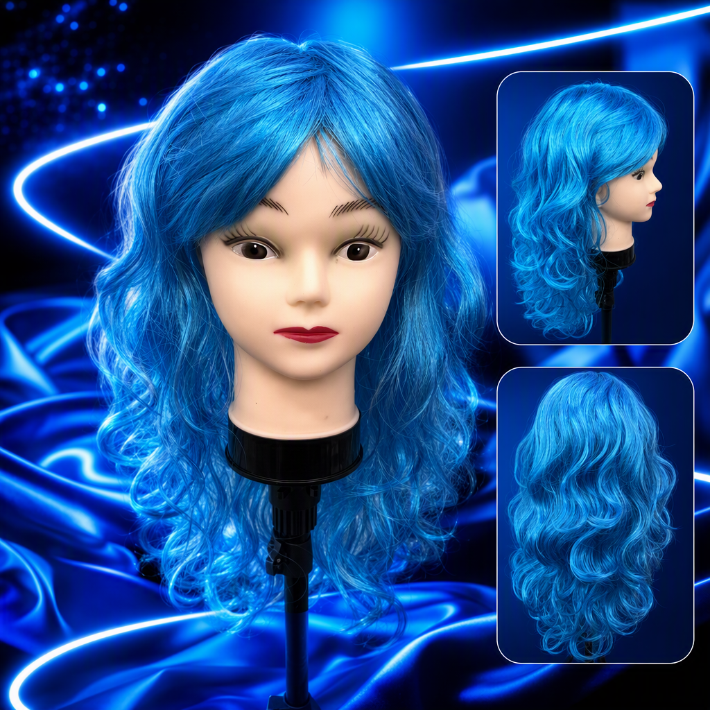 Professional blue wig head model display model hairstyle styling practice model demonstration props Specification image