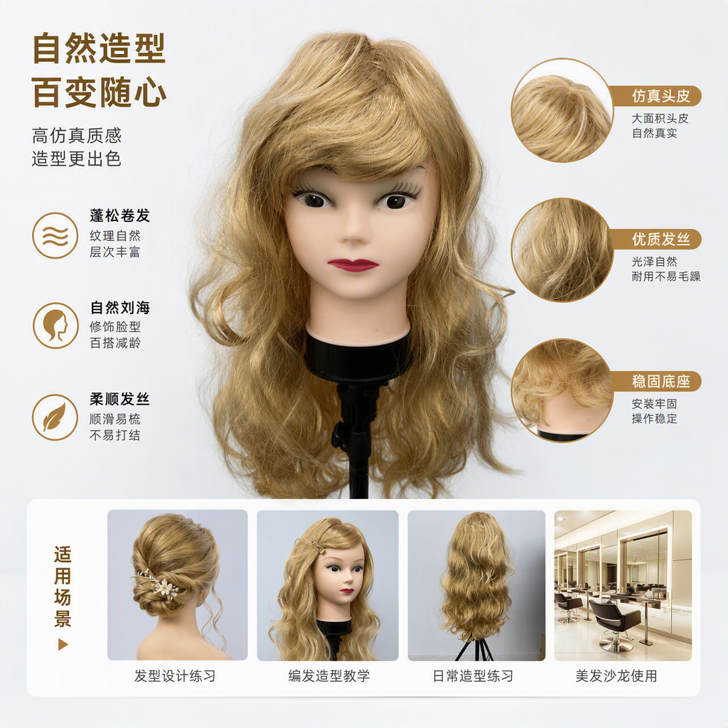 Golden curly hair dummy head display model, hairstyle styling practice, beauty and hairdressing teaching supplies