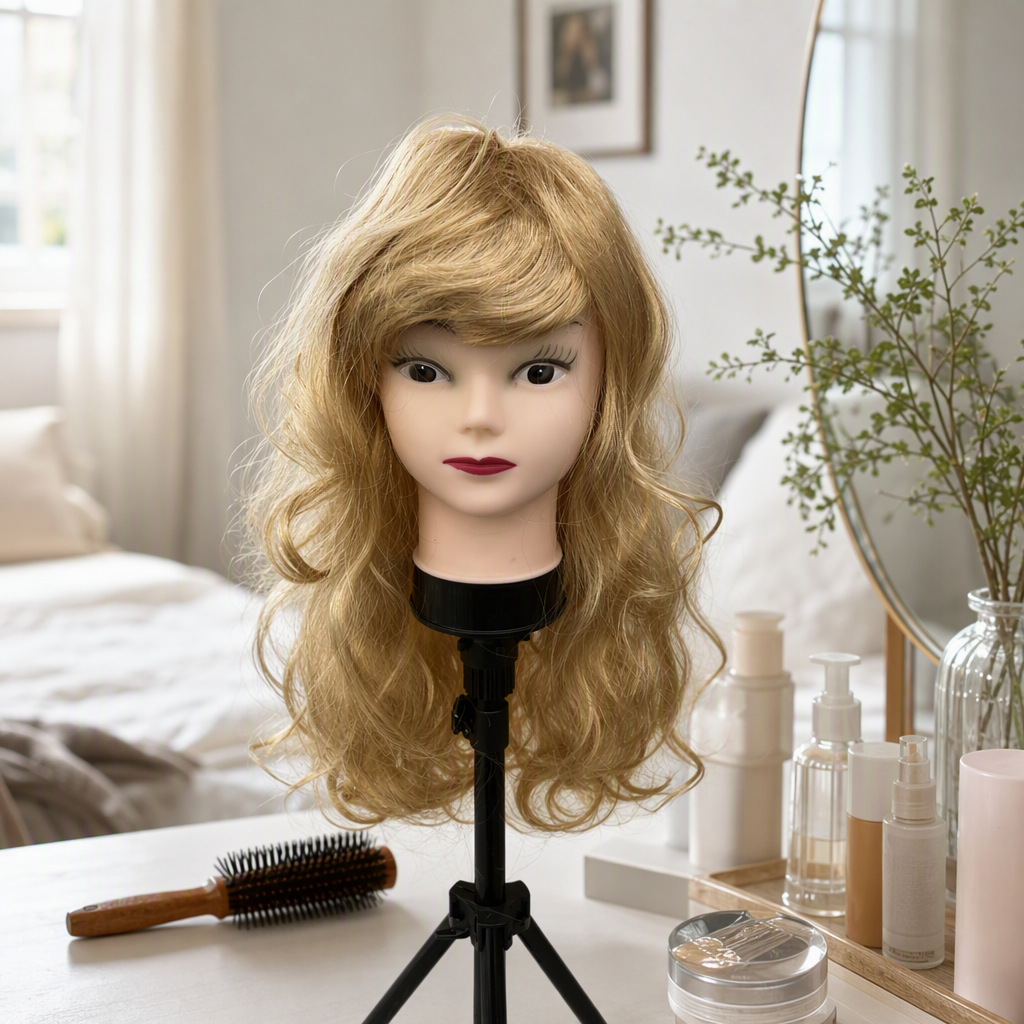 Golden curly hair dummy head display model, hairstyle styling practice, beauty and hairdressing teaching supplies details Picture