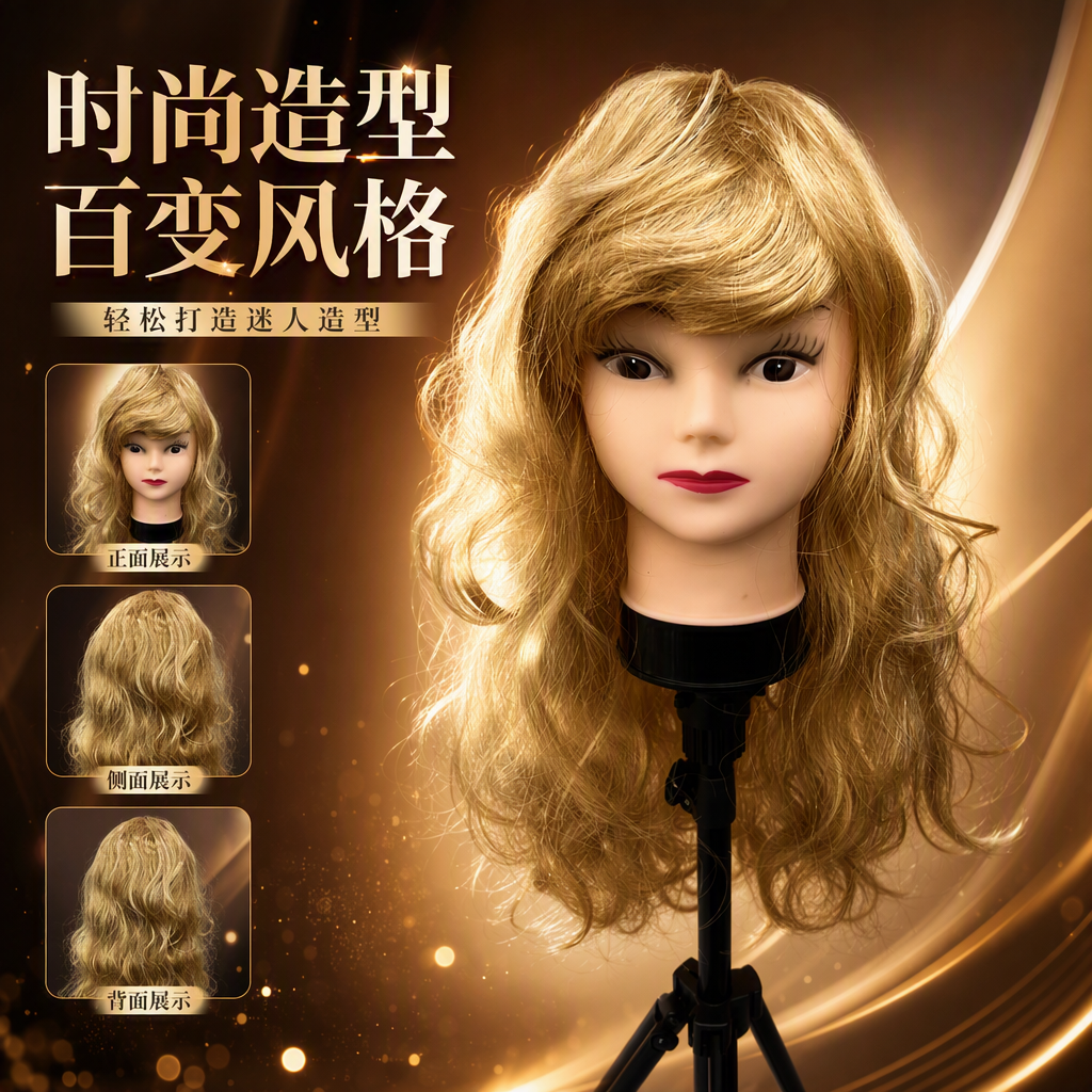 Golden curly hair dummy head display model, hairstyle styling practice, beauty and hairdressing teaching supplies Specification image