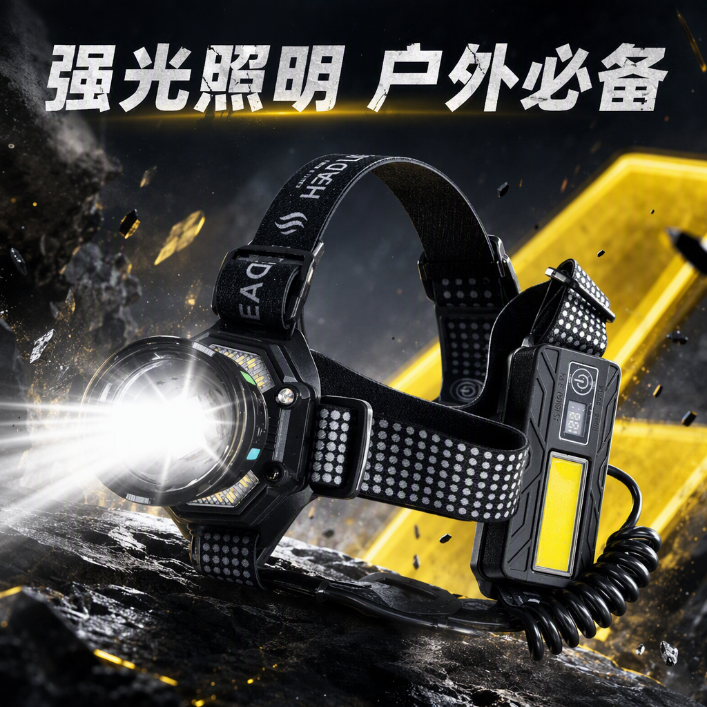New dual-source high-brightness waterproof headlamp, portable multi-functional zoom headlamp, outdoor camping, home emergency charging headlamp