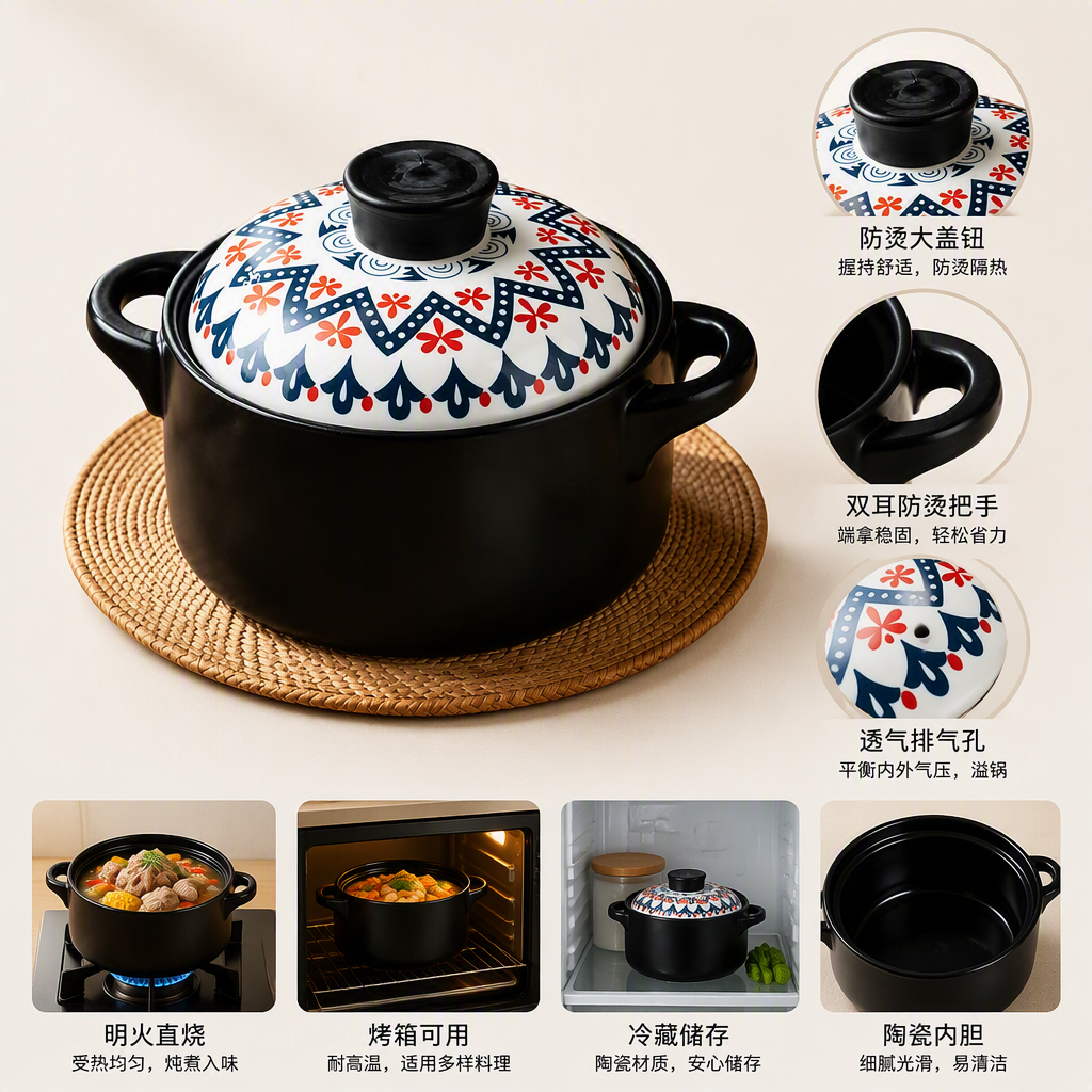 黑色陶瓷炖锅带蓝红花纹盖子耐热煲汤炖肉多功能厨房用品