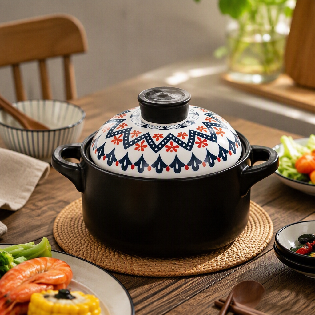 Black ceramic stew pot with blue and red patterned lid, heat-resistant soup and meat stewing multi-functional kitchenware details Picture