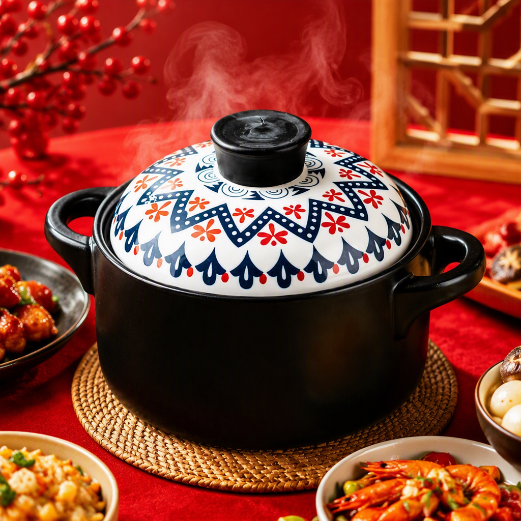 Black ceramic stew pot with blue and red patterned lid, heat-resistant soup and meat stewing multi-functional kitchenware Specification image