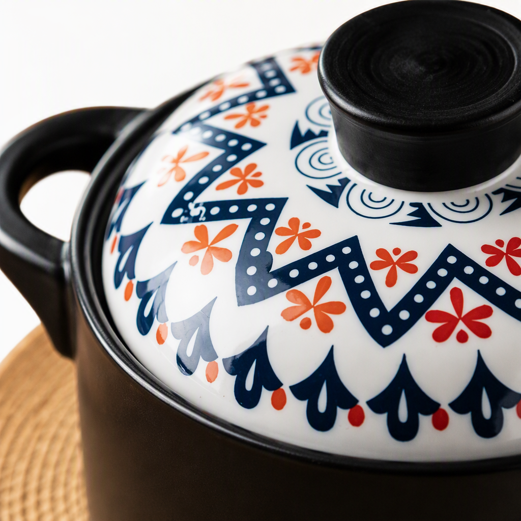 Black ceramic stew pot with blue and red patterned lid, heat-resistant soup and meat stewing multi-functional kitchenware Application Scenario