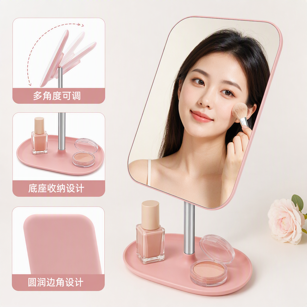 时尚粉色边框装饰镜子简约创意家居卧室化妆镜美观实用
