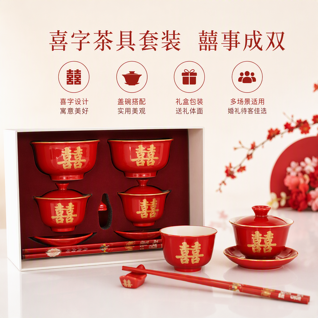 红色喜字陶瓷茶具套装家用茶壶茶杯茶盘礼品送礼春节新年装饰