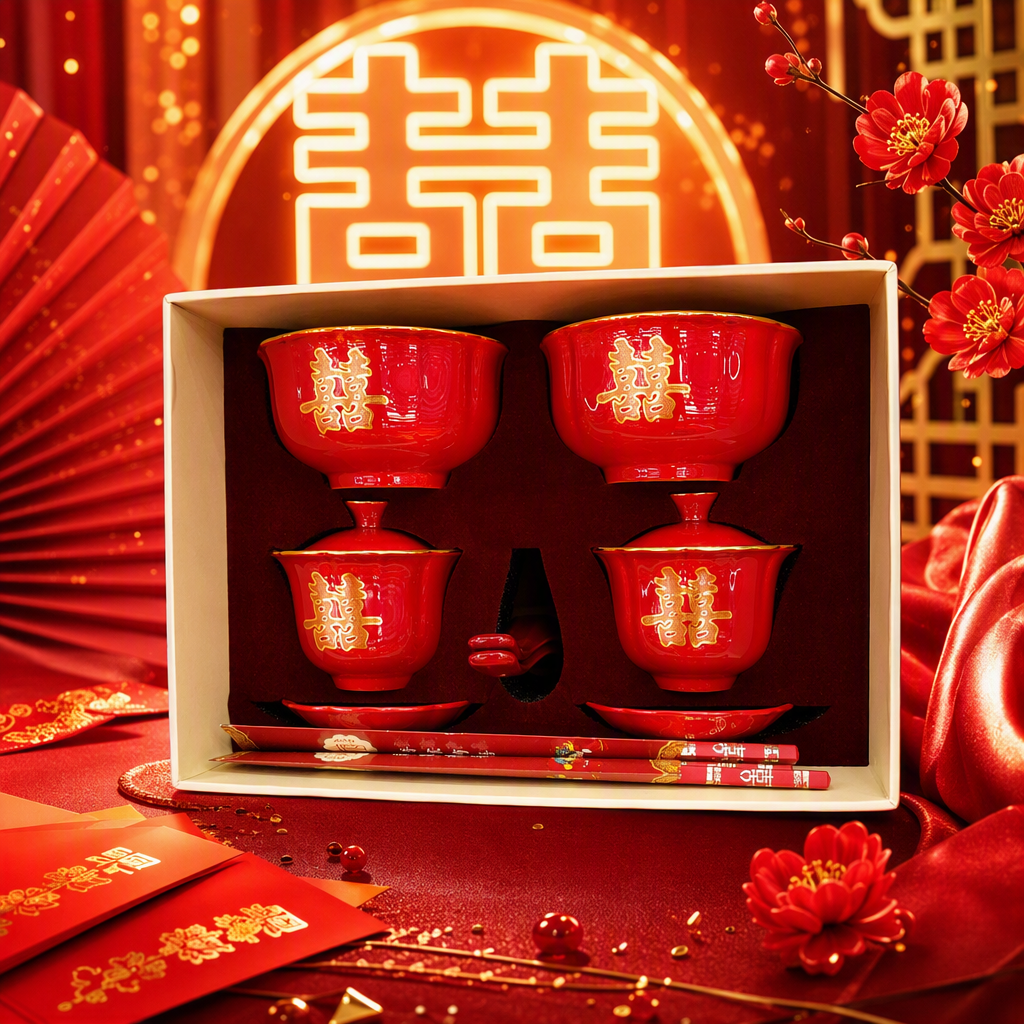 红色喜字陶瓷茶具套装家用茶壶茶杯茶盘礼品送礼春节新年装饰细节图