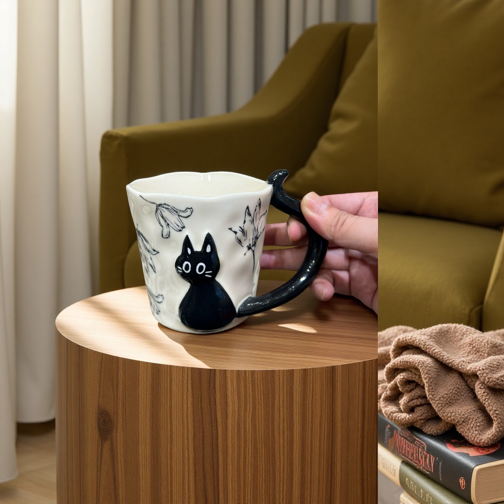 白色陶瓷杯黑猫造型把手黑猫装饰置于白色碟子上手托干花背景创意家居摆件