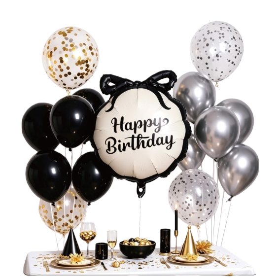 Black and gold balloon decoration set for birthday party decoration, black and white bow balloons, silver and gold foil embellishments, birthday supplies Item Picture