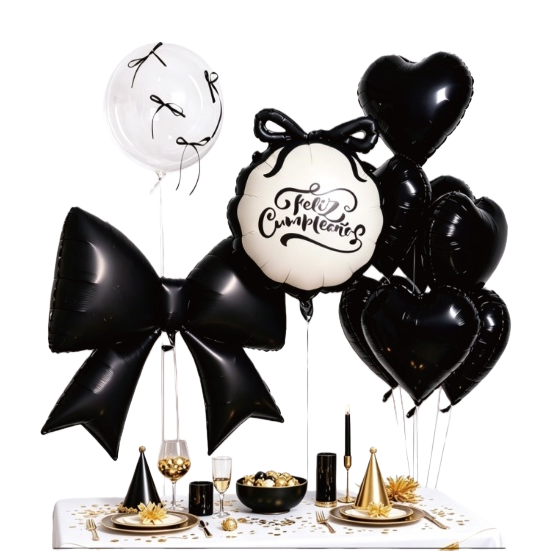 Black balloon set with bow-shaped heart-shaped Feliz Cumpleanos round decoration party decor items Item Picture
