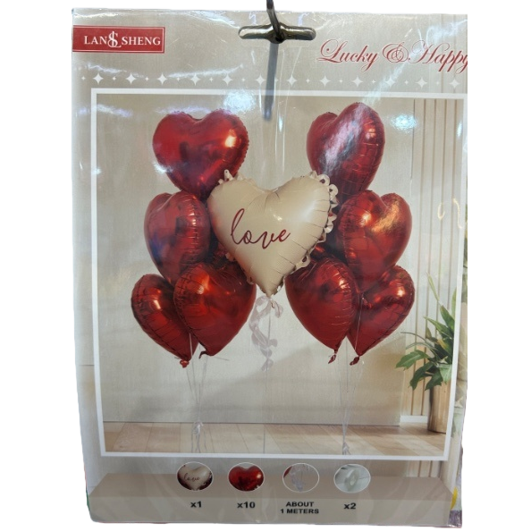 Beige heart-shaped balloons with the word "love" and red heart-shaped balloons are used to decorate the party atmosphere items Item Picture