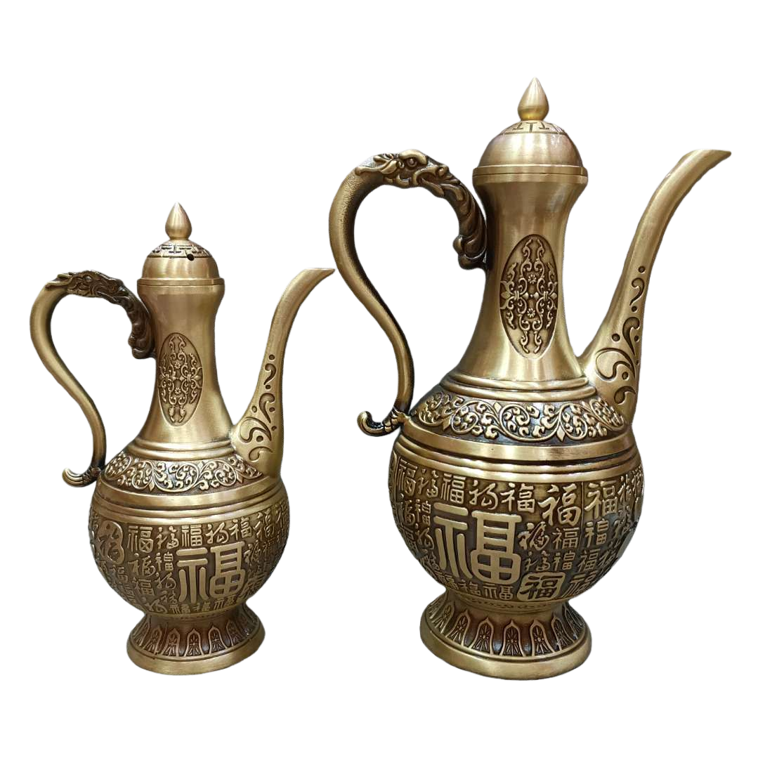 A two-piece golden copper wine pot set with a "Fu" character dragon head handle decoration, a classical and elegant wine collection gift Item Picture