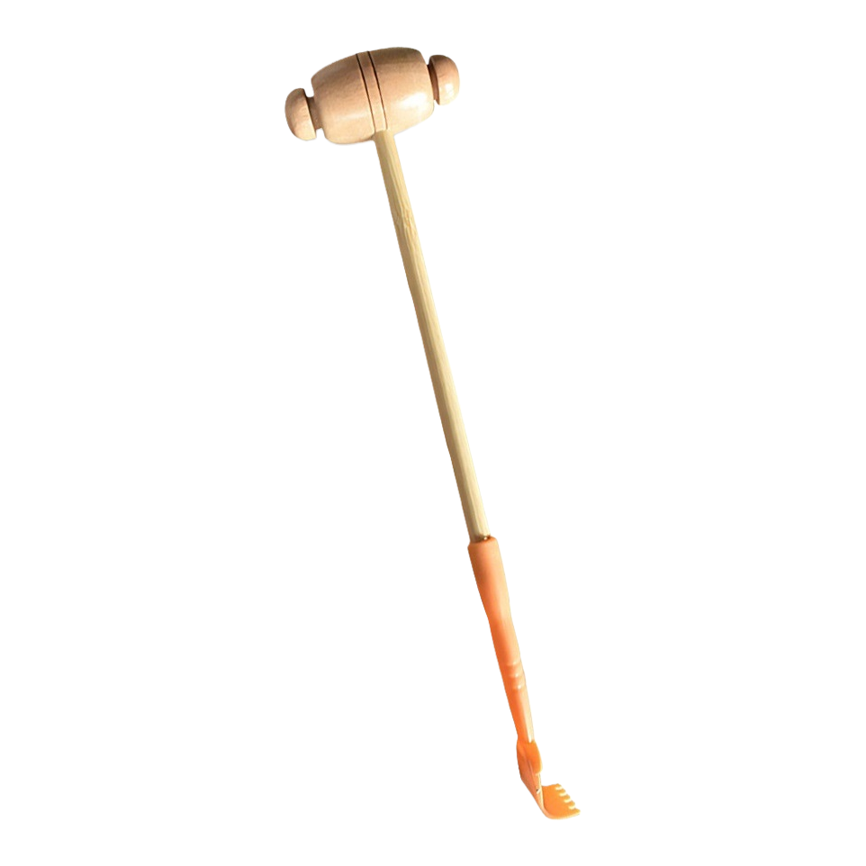 The orange itch-scratching handle wooden massage hammer is a handheld therapeutic tool for relaxing muscles and relieving fatigue Item Picture