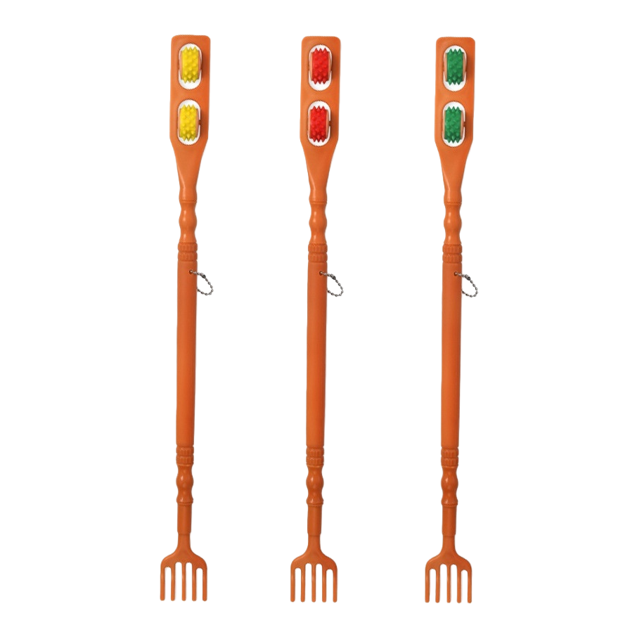 Orange Tickle tickle three-piece set, two-color massage head handle with ring, bottom four-toothed fork structure, portable home care tool Item Picture