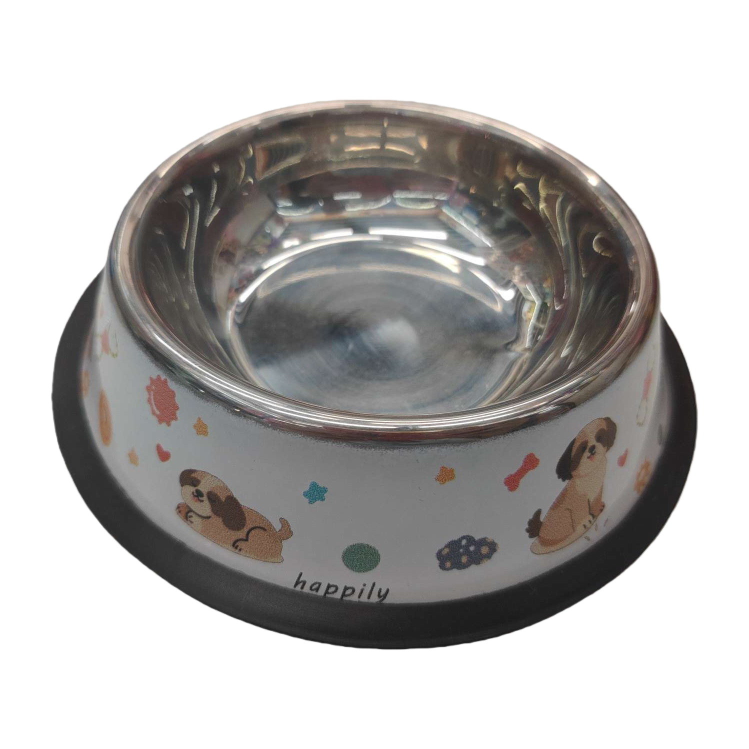 银色金属宠物碗卡通小狗图案防滑底座宠物喂食碗宠物用品白底实物图
