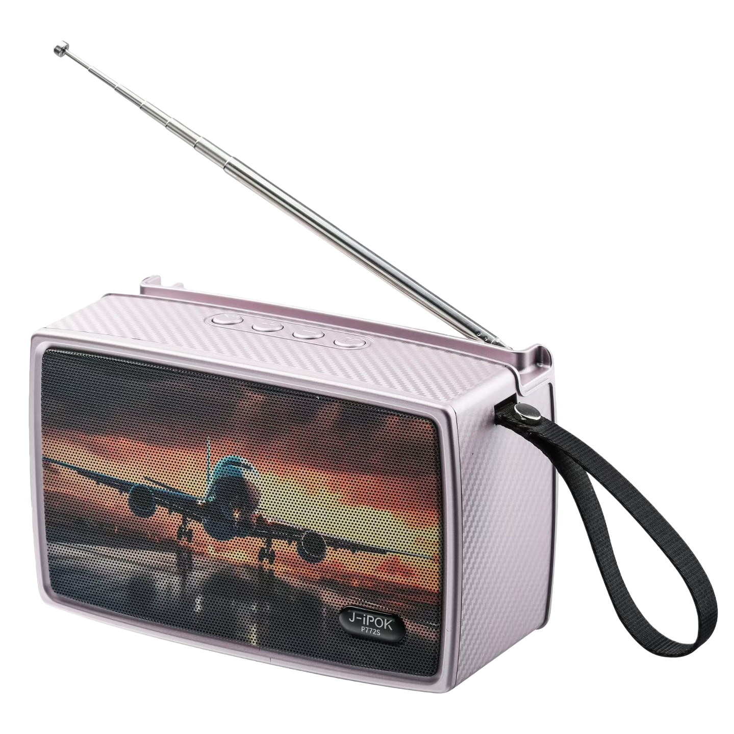 Silver portable speaker, airplane sunset pattern, retractable antenna, black handle, fashionable outdoor music player Item Picture